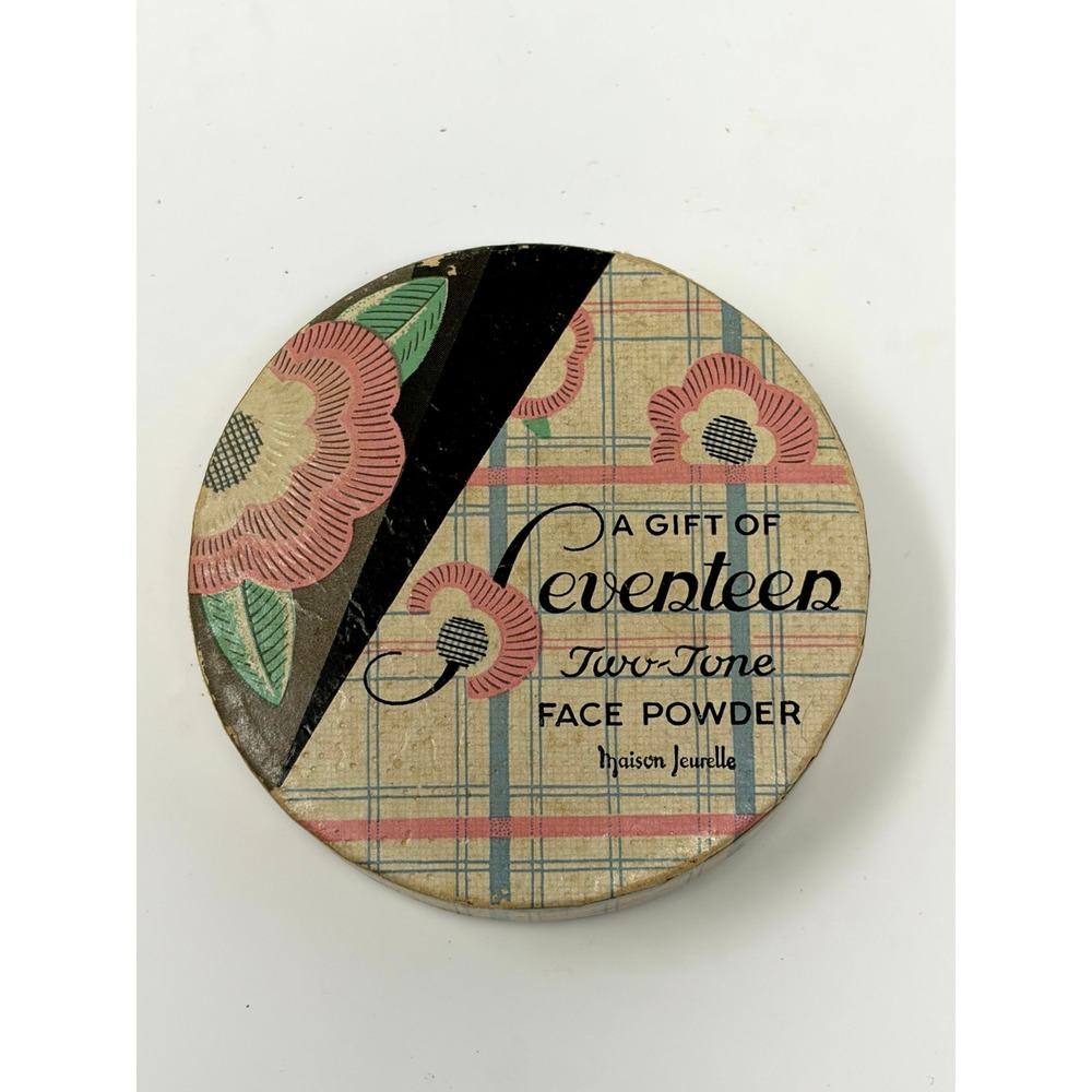 Vintage 1930's Maison Jeurelle Seventeen Two Tone Face Powder Box Plaid Floral
